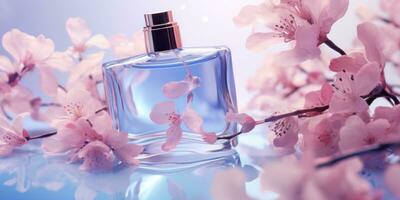 AI generated image of perfume bottle with flower petals photo