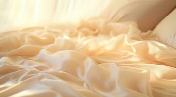 ai generado un elegante blanco sábana es en el cama con ligero brillante en eso foto