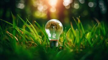 AI generated bulb lighting in lush green grass with sunlight photo