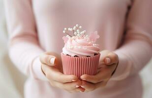 AI generated cupcake on a wooden table next to gifts and pink flowers photo