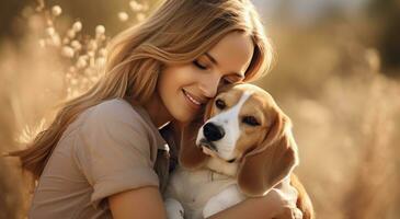 AI generated woman hugging a beagle while out in the wilderness photo