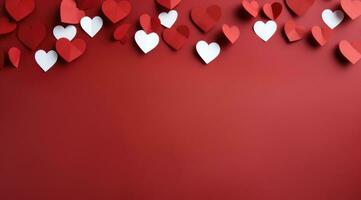 AI generated cut paper heart shapes hanging on a red background photo