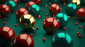 ai generado Navidad regalos en el superficie de rojo y verde pelotas foto