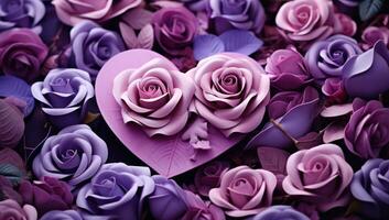 ai generado púrpura rosas y corazones en un Violeta antecedentes foto