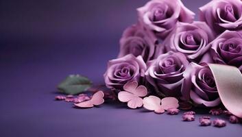 AI generated purple roses and hearts on a violet background photo