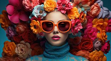 AI generated the girl is wearing sunglasses and flowers on her head photo