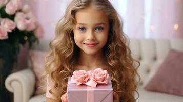 ai generado minúsculo niña sostiene un rosado regalo caja con rosado rosas foto