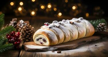 ai generado un Navidad Stollen en un de madera superficie con adornos foto