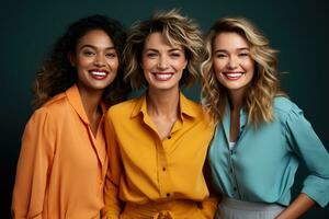 AI generated three smiling women wearing glasses posing on a pink background photo