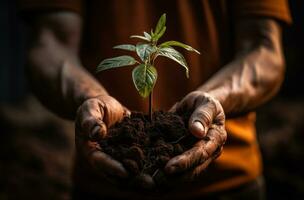 AI generated a man is holding a plant in soil photo