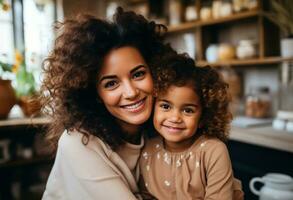 AI generated a mother and daughter hugging while sitting in the kitchen photo