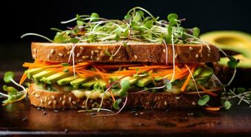 AI generated a sandwich topped with carrots and sprouts photo