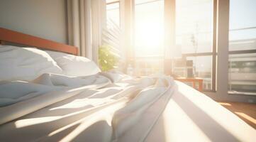 AI generated a white bed in front of a large window photo