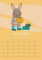 Vertical children calendar 2024. Month of October. Hare in rubber boots holds a large pumpkin in his hands next to a box of carrots. A5 format. Vector graphic.