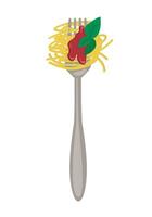 Spaghetti on fork with tomato sauce and basil. National Spaghetti Day banner. vector