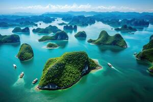 ai generado aéreo ver de decir ah largo bahía, Vietnam. paisaje con islas y barcos, hermosa paisaje de halong bahía visto desde encima el bo cariño isla, ai generado foto