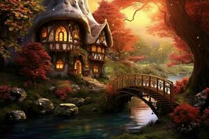 AI generated Fantasy landscape with a wooden bridge over a river and a fairy house, Artistic depiction of a fairy house by the river with a wooden bridge, AI Generated photo