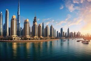 AI generated Dubai skyline at sunset, United Arab Emirates, Beautiful Dubai downtown at sunset, Dubai, United Arab Emirates, AI Generated photo