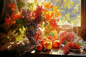 AI generated Still life with autumn bouquet of berries and apples in a vase on the windowsill, Autumn still life in bright sunlight, AI Generated photo