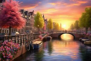 ai generado Amsterdam paisaje urbano con puente y flores a atardecer, Holanda, hermosa amanecer terminado Ámsterdam, el Países Bajos, con flores y bicicletas en el puente en primavera, ai generado foto