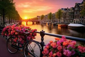 ai generado Amsterdam canales con bicicletas y flores a puesta de sol. Holanda, hermosa amanecer terminado Ámsterdam, el Países Bajos, con flores y bicicletas en el puente en primavera, ai generado foto