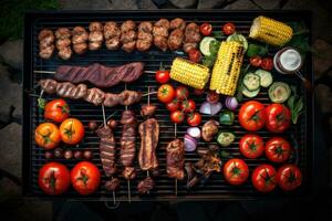 AI generated Barbecue with grilled meat, vegetables and spices on grill. Top view, Barbecue cooking outdoor leisure party, top view, AI Generated photo