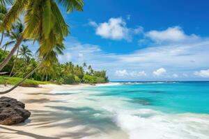 AI generated Beautiful beach at Seychelles, Praslin island, Beautiful tropical Barbados island, View of the golden beach with palms and crystal clear water, AI Generated photo