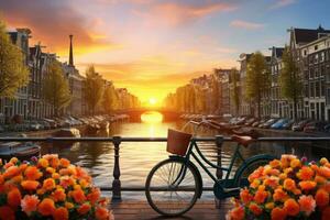 ai generado Amsterdam paisaje urbano con bicicleta y flores a amanecer, Países Bajos, hermosa amanecer terminado Ámsterdam, el Países Bajos, con flores y bicicletas en el puente en primavera, ai generado foto