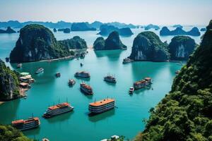 AI generated Halong Bay, Vietnam. Famous tourist attraction and popular travel destination, Beautiful landscape of Halong Bay viewed from above the Bo Hon Island, AI Generated photo