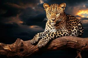 ai generado leopardo acostado en un rama con dramático cielo y nubes fondo, africano leopardo panthera pardus iluminado por hermosa luz, un femenino, descansando en un muerto árbol, ai generado foto