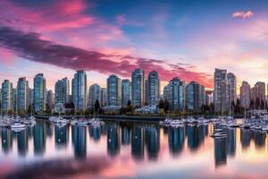 AI generated Vancouver waterfront at sunset, Vancouver, America, Beautiful view of the downtown Vancouver skyline, British Columbia, Canada, AI Generated photo