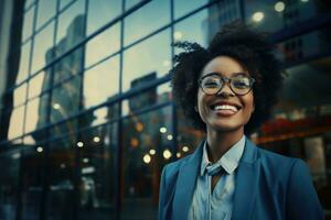 AI generated Portrait of a smiling african american businesswoman in glasses, An African American woman wearing glasses and a suit standing in front of a building with a smile, AI Generated photo