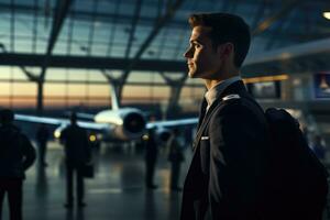 ai generado joven empresario en pie en el aeropuerto Terminal, mirando dentro el distancia, un avión piloto a el aeropuerto, ai generado foto