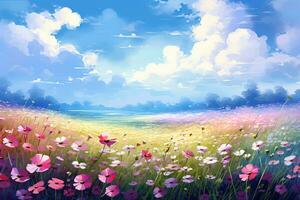 AI generated Flower meadow with clouds and sky background. Vector illustration, Beautiful digital art realistic painting of a meadow full of wildflowers, AI Generated photo