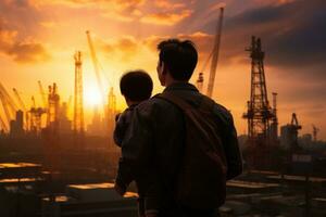AI generated Silhouette of asian father and son looking at construction site at sunset, Asian boy on father's shoulders with the background of new high buildings and silhouette, AI Generated photo