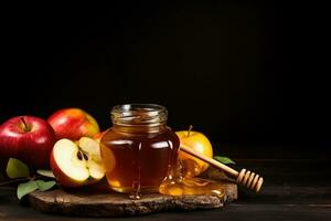 AI generated Honey in a glass jar and fresh apples on a wooden background, Apple and honey, traditional food of the Jewish New Year - Rosh Hashanah, Copy space background, AI Generated photo