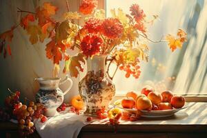 AI generated Autumn still life with flowers and fruits on a windowsill, Autumn still life in bright sunlight, AI Generated photo