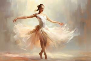 AI generated Young beautiful ballerina in white tutu dancing in a studio, Action flying dance pose of a woman dancing ballet, oil painting style, AI Generated photo