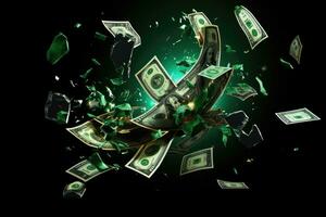 AI generated Money explosion with flying dollar bills on black background. 3D illustration, An abstract digital illustration of a falling dollar sign, AI Generated photo