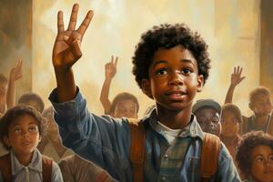 ai generado africano americano chico demostración victoria firmar en museo, de cerca retrato, un africano americano chico levanta su mano para un responder en clase, ai generado foto