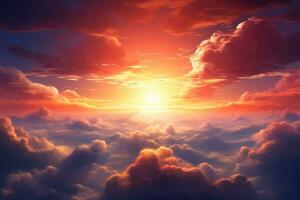 AI generated Beautiful sunset above clouds. 3d rendering. Computer digital drawing, Beautiful sunset in the sky with clouds and the sun, AI Generated photo