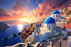 ai generado hermosa puesta de sol terminado santorini isla, Grecia. 3d representación, hermosa ver de iglesias en oia aldea, santorini isla en Grecia a atardecer, con un dramático cielo, ai generado foto