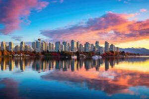 ai generado puesta de sol ver de vancouver, británico Columbia, Canadá desde Stanley parque, hermosa ver de céntrico Vancouver horizonte, británico Columbia, Canadá, ai generado foto