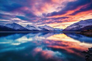 AI generated Mountain lake at sunset, Scotland, United Kingdom. Long exposure, Rear view of a mountain guide leading a group of hikers, AI Generated photo