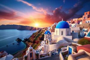 AI generated Beautiful sunset over Oia village on Santorini island, Greece, Beautiful view of Churches in Oia village, Santorini island in Greece at sunset, with a dramatic sky, AI Generated photo