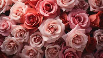 ai generado de cerca un ramo de flores de rosado rosas flor textura antecedentes para un San Valentín día celebracion o un verano boda. modelo de rosado Rosa pétalos rosado rosas antecedentes para amor y romance. foto
