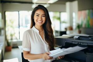 AI generated Office worker prints paper on multifunction laser printer. Document and paperwork concept. Secretary work. Smiling woman working in business office. Copy, print, scan, and fax machine. photo