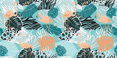 Seamless pattern with flamingos. Tropical exotic print with palm leaves, monstera, leopard spots. Vector graphics.