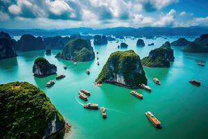 AI generated Aerial view of Ha Long Bay, Vietnam. Popular travel destination, Beautiful landscape of Halong Bay viewed from above the Bo Hon Island, AI Generated photo