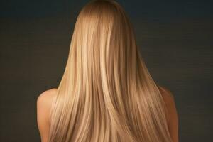 AI generated Blonde woman with long healthy hair on dark background. Back view, Beautiful woman with long straight hair, viewed from the rear, Blond girl, AI Generated photo